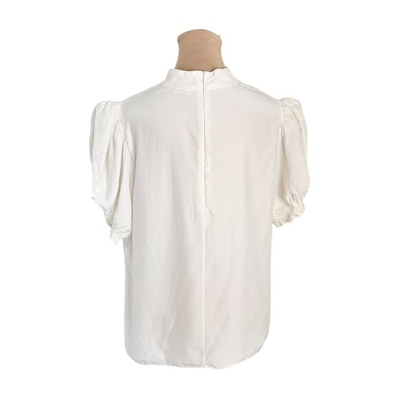 FRAME Silk Puff Sleeve High Collared Blouse w/ Keyhole Sz L - Picture 5 of 8
